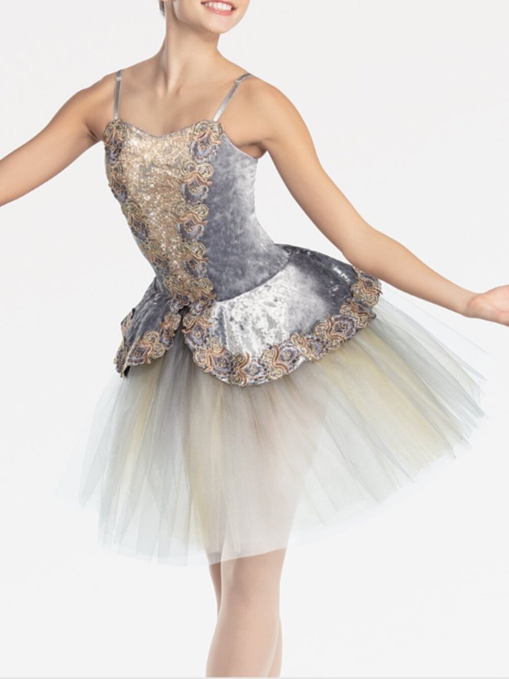 Revolution Velvet Ballet Dress Bodysuit Size MA Gray Gold Sequin Costume Dance